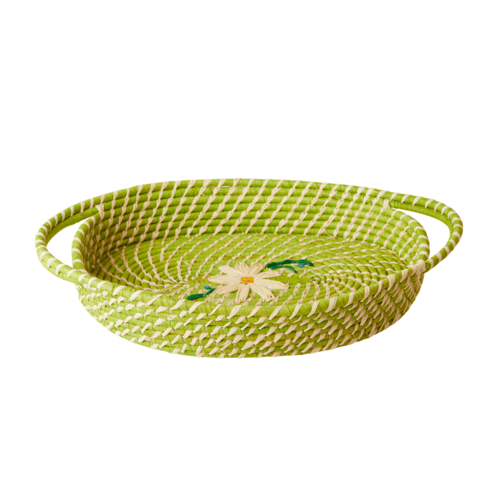 Raffia Oval Basket with Embroidered Daisies By Rice DK